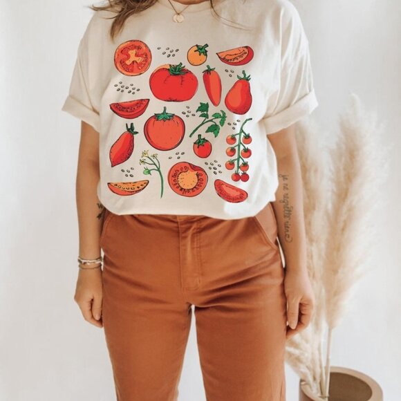 Tops - Tomato Shirt Fruit Shirt Botanical Shirt Cottagecore Clothing Vegan Shirt